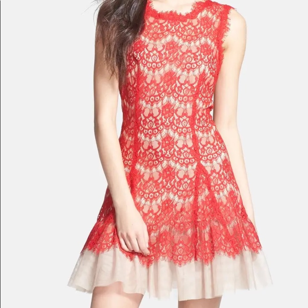 Size 10 Red Lace Cocktail Dress by Betsy & Adam.